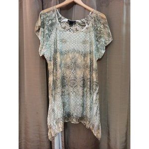 Women's Frazzle Sheer Lined Short Sleeve High Low Blouse Rhinestone Detail XL